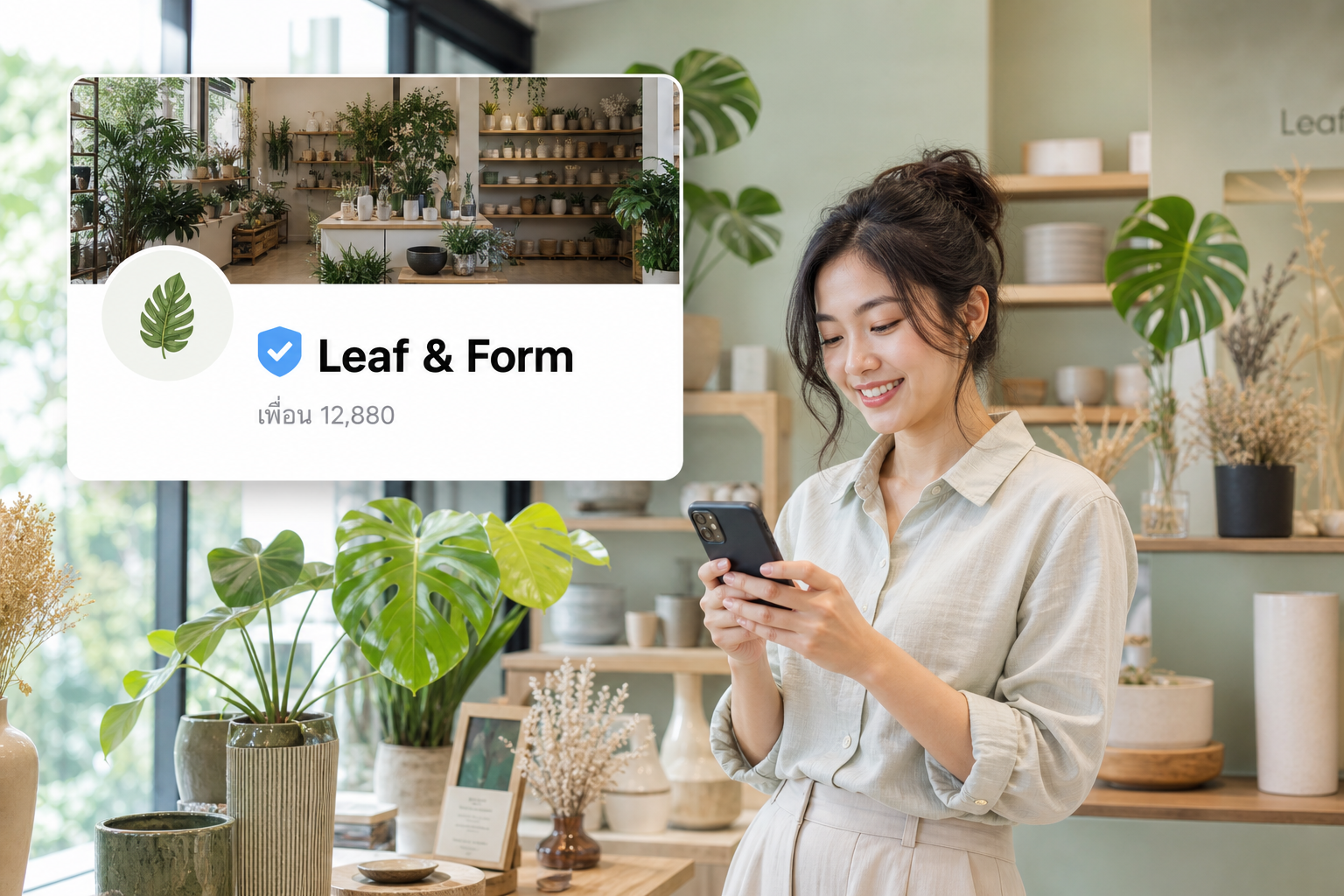 เจ้าของร้านต้นไม้ concept store ใช้ LINE Official Account ในร้าน พร้อมการ์ดบัญชีรับรองแสดงจำนวนเพื่อน