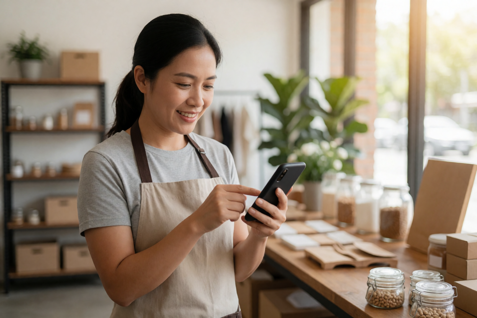 เจ้าของร้าน SME ไทยใช้มือถือตรวจข้อความโปรโมชันก่อนส่ง Broadcast ถึงลูกค้า ในบรรยากาศร้านร่วมสมัย