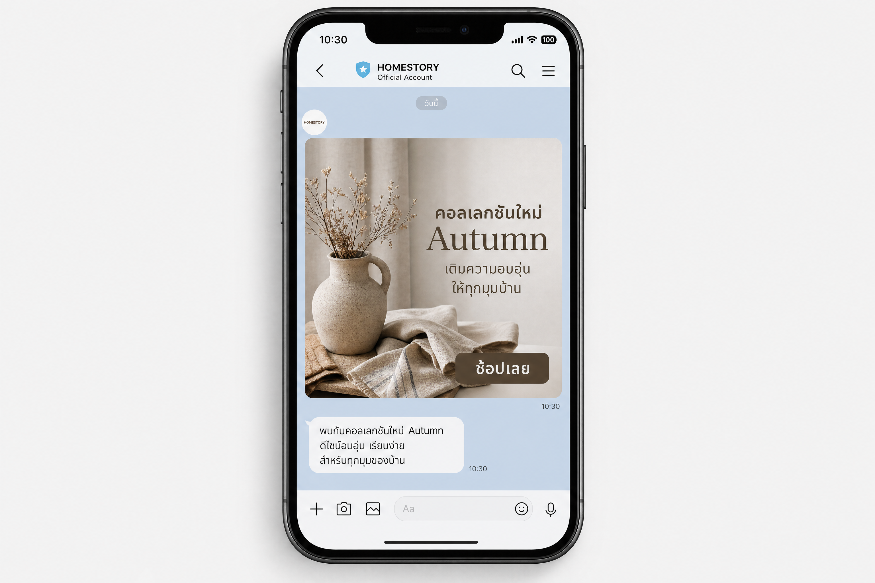 ตัวอย่าง Rich Message คอลเลกชัน Autumn บนหน้าแชท LINE OA — ภาพใหญ่พร้อมปุ่มช้อปเลย