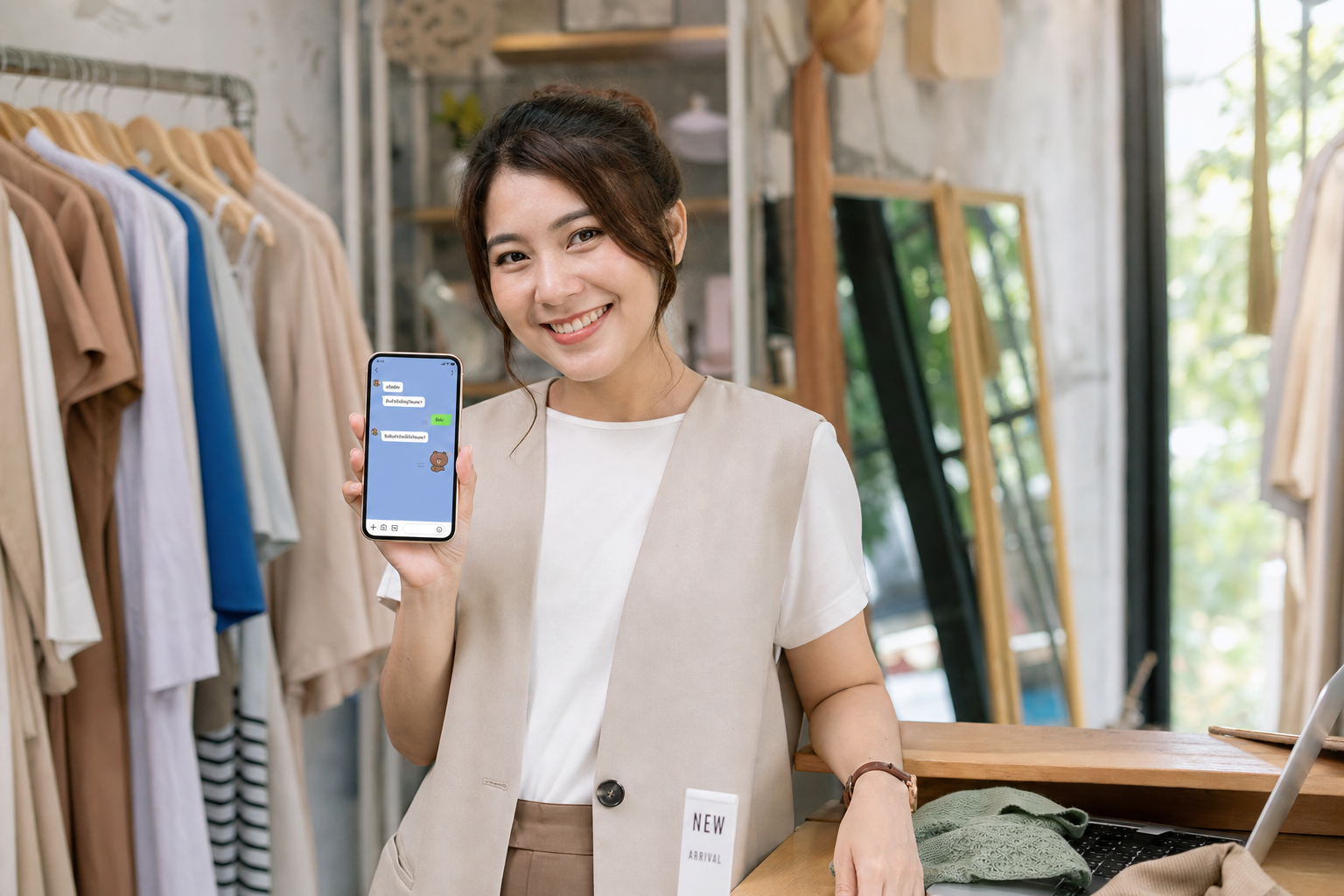 เจ้าของร้าน SME ใช้มือถือจัดการแชทลูกค้าผ่าน LINE Official Account ในร้านจริง